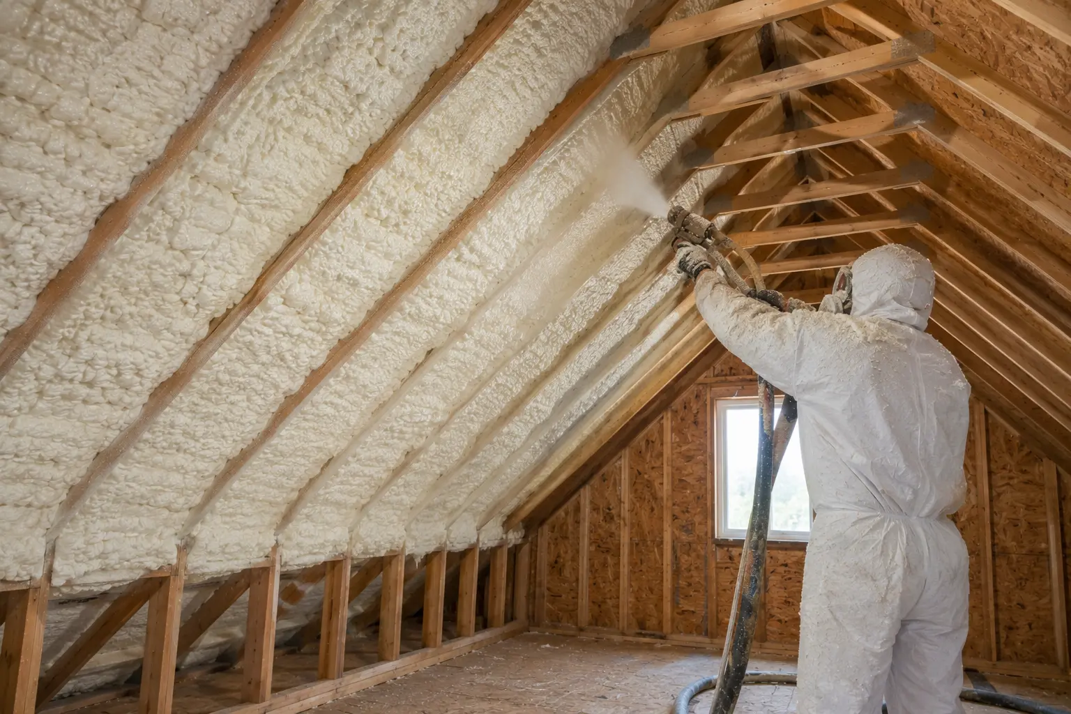 Installer applying spray foam insulation to an attic roofline